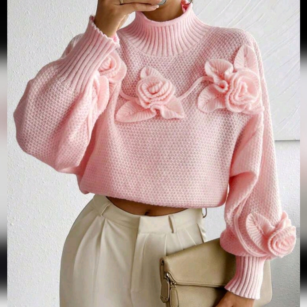 Floral Applique Crew Neck Casual Pullover Sweater - Picture 3 of 6